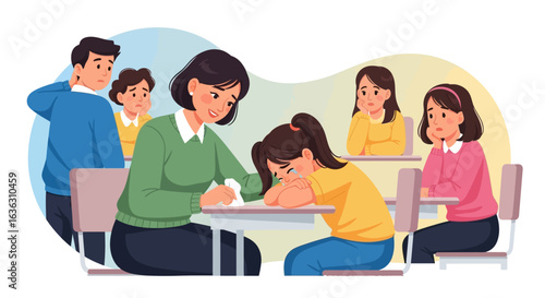 Teacher consoling a distressed student, illustrating empathy and emotional support in a school environment.
