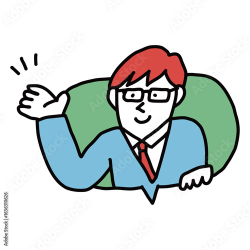 吹き出し　手のひらを広げて案内する男性のイラストアイコン