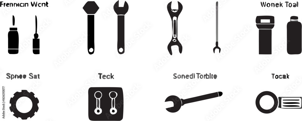 Obraz premium Illustration showing various tools including wrenches, screwdrivers, and other mechanical implements | editable eps vectors silhouette