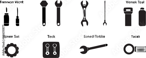 Illustration showing various tools including wrenches, screwdrivers, and other mechanical implements | editable eps vectors silhouette