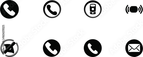 Illustration of various communication icons including phone, signal, mute, and email on white background | editable eps vectors silhouette