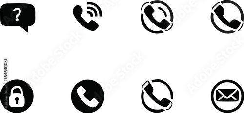 Illustration of communication icons including phone call, question mark, lock and email symbols set in black and white | editable eps vectors silhouette