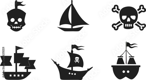 Illustration of pirate themed icons including skulls with flags and crossbones and various sailing ships | editable eps vectors silhouette
