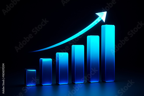 3D Gradient Bar Graph with Upward Arrow on Black Background – High-Tech Business Growth Concept