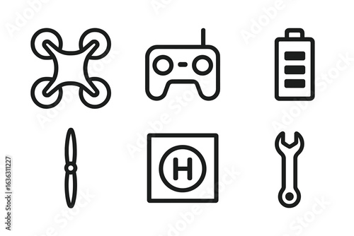 Detailed overview of drone accessories and components including controller, battery, and tools for maintenance