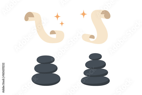 Decorative scrolls and balancing stones create a serene atmosphere in a calming space for relaxation