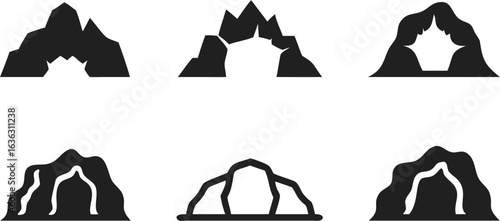 Collection of six different mountain cave entrance designs in a simple black and white vector format | editable eps vectors silhouette