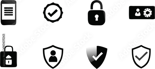 Collection of security icons including a phone, locks, shields, and settings panel isolated on white | editable eps vectors silhouette