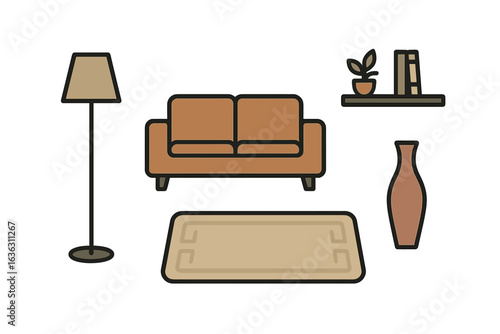 Interior design elements showcasing a cozy living room arrangement with furniture and decor items