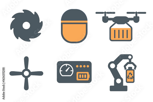 Icons representing technology and machinery used in modern industry and manufacturing processes