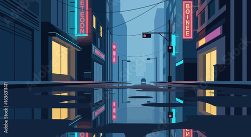 Rainy Night City Street Scene with Reflected Buildings