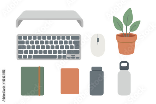 Workspace setup with keyboard, mouse, plants, and notebooks on a desk at home for productivity