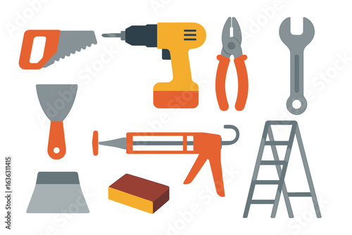 Various tools for DIY projects on a clean background, including a drill, saw, pliers, and ladder for home improvement tasks