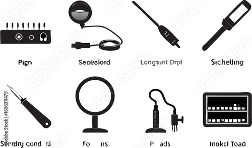 Illustration of various scientific and laboratory equipment in black and white drawing style art work | editable eps vectors silhouette