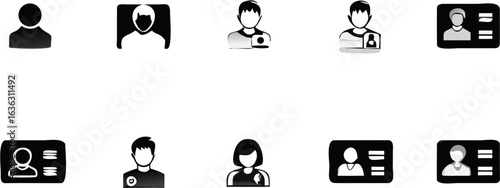 Collection of stylized person icons and id card icons in black and white on a white background image | editable eps vectors silhouette