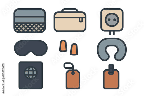 Travel essentials including a passport, travel pillow, earplugs, and suitcase accessories arranged for a journey