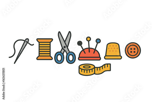 Variety of sewing tools are displayed, including scissors, thread, and a measuring tape in a colorful arrangement