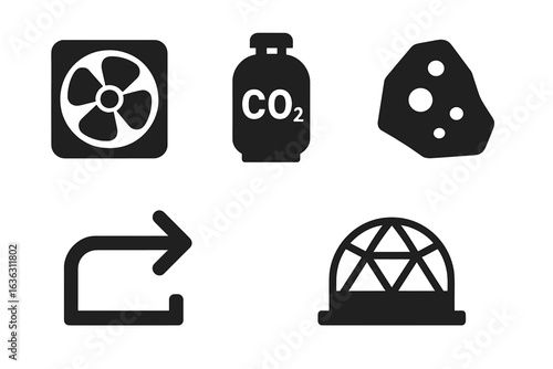Black icons representing various environmental concepts including air, carbon dioxide, recycling, and potential hazards related to climate