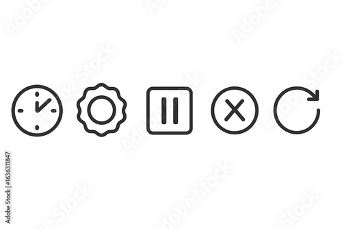 Set of five simple line icons representing time, settings, pause, cancel, and restart in a modern design