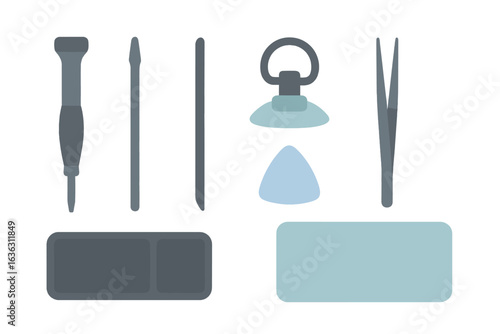 Tools for electronics repair layout including screwdrivers, suction cup, and tweezers on a light background