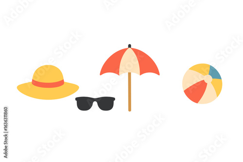 Bright summer essentials for a beach day featuring a sunhat, sunglasses, beach umbrella, and beach ball
