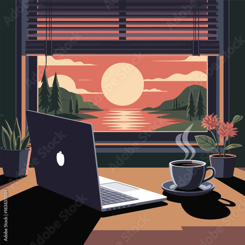 Cozy workspace with laptop, coffee, and plants by window overlooking lake at sunset, symbolizing focus, relaxation, and remote productivity