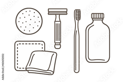 Essential grooming tools for personal care during morning routine in a minimalist design layout
