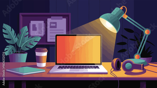 Cozy workspace with laptop, desk lamp, coffee cup, headphones, notebook, and plants, symbolizing focus, comfort, and digital productivity