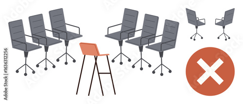 Office chairs with wheels and armrests arranged in groups beside a contrasting single high chair. Orange cross symbol signifies rejection of improper seating choice. Ideal for teamwork, workplace