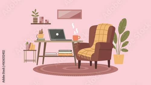 Cozy home workspace with laptop, coffee, books, and plants on wooden desk beside armchair and shelf, symbolizing comfort and productivity
