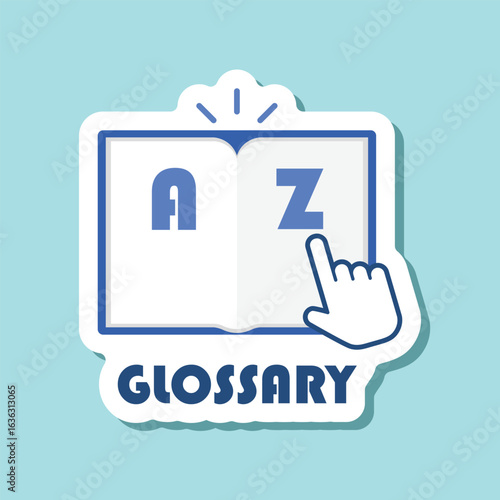 Glossary book sticker icon in flat style. Guidebook encyclopedia vector illustration on isolated background. A-Z notebook sign business concept.