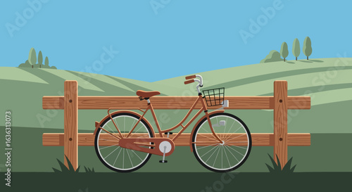 Rustic Brown Bicycle Leaned Against Wooden Fence in Rolling Hills