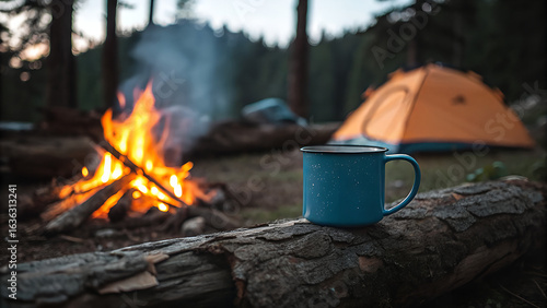 Cozy camping scene with a warm campfire and a steaming mug of coffee on a log with a tent in the background