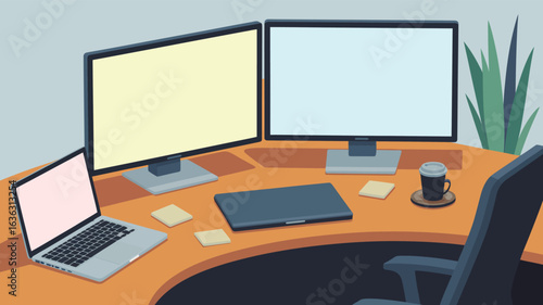 Modern workspace with dual monitors, laptop, coffee cup, and sticky notes on wooden desk, symbolizing productivity, tech setup, and focus