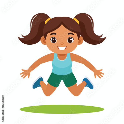 A cheerful cartoon girl is jumping joyfully, arms outstretched, over a green patch.
