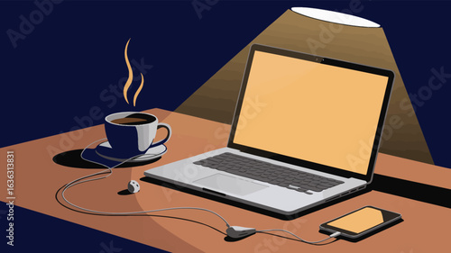 Nighttime workspace with laptop, smartphone, earphones, and steaming coffee under desk lamp, symbolizing focus, productivity, and tech routine