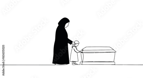 Minimalist continuous line drawing of woman and girl near a casket