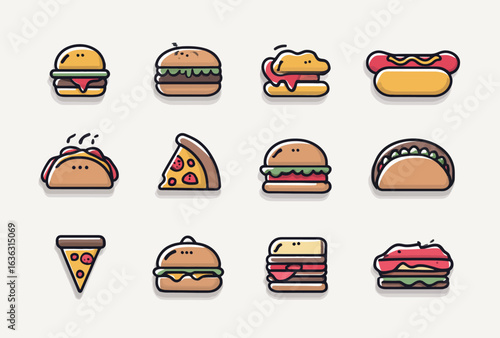Delicious Icons Collection Featuring Burger Pizza Slice and Hot Dog for Fast Food Themed Designs