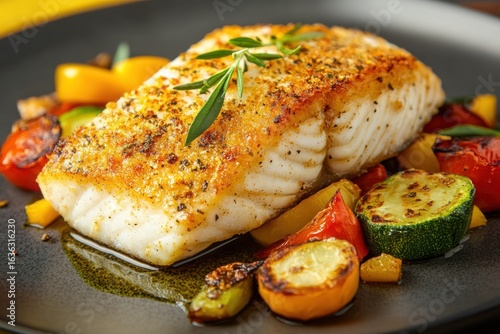 A fillet of fish with grilled vegetables on a plate