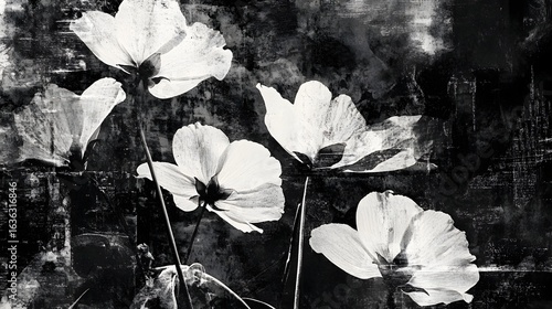 Delicate white floral blooms in a moody textured black and white landscape  Serene and atmospheric botanical image with a minimalist vintage aesthetic