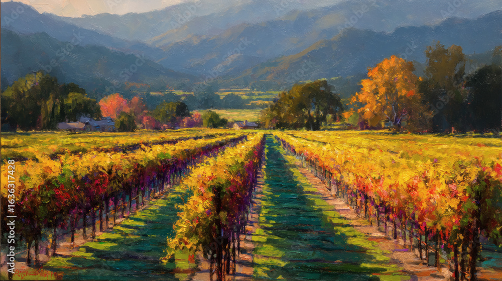 A peaceful autumn vineyard with rows of grapevines, surrounded by colorful fall foliage. Soft afternoon light enhances the vibrant colors of the leaves, evoking warmth and the harvest season. A peaceful autumn vineyard with rows of grapevines, surrounded by colorful fall foliage. Soft afternoon light enhances the vibrant colors of the leaves, evoking warmth and the harvest season.