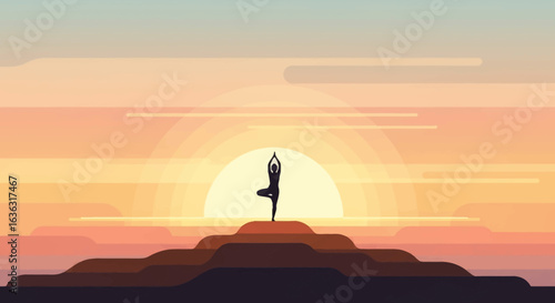 Silhouette of a Yoga Practitioner Balancing at Sunset on a Hill