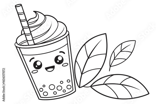 Coloring Pages, cartoon matcha drink in glass with whipped topping and matcha leaf, colorless, uncolored, black and white for coloring book, coloring page, kids