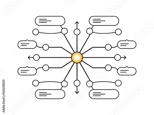 Diagram illustrating a central hub connected to multiple nodes with text boxes, representing a structured network, information sharing, and organizational concept, isolated on transparent background