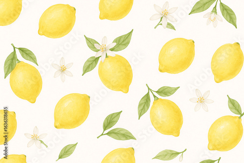Seamless watercolor lemon pattern with green leaves and white blossoms on white background, citrus fruit illustration for summer design and kitchen decor
