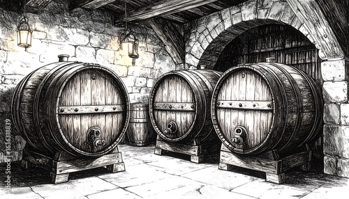 Aged wine barrels in a stone cellar