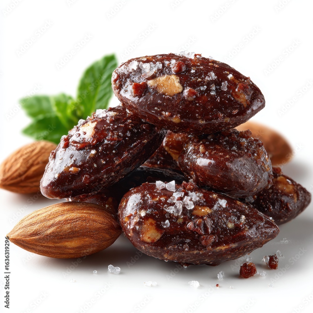 Obraz premium Chocolate Covered Almonds with Sea Salt and Mint Leaves on White