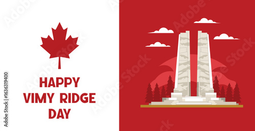 Happy Vimy Ridge Day Illustration – Canadian Memorial with Maple Leaf and Monument