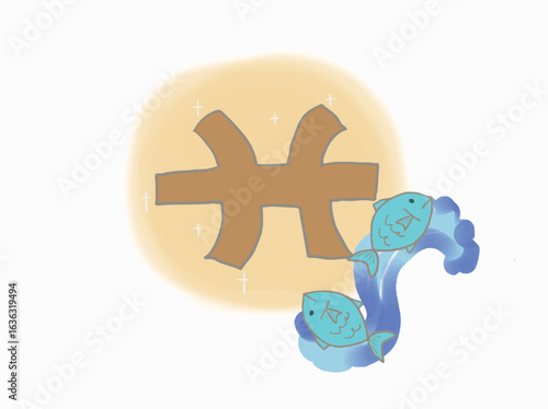 Illustration of two fish and the 12 zodiac signs of Pisces shining in gold