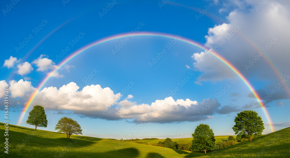 Naklejka premium rainbow over green field